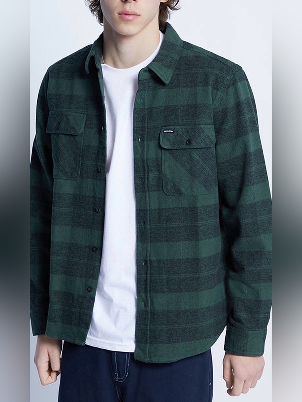 Brixton Mens Flannel Long Sleeve Shirt Green Black Plaid Bowery Button Up S